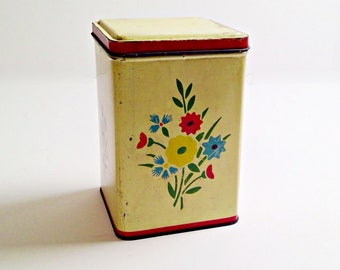 Vintage Kitchen Canister Shabby Ivory Yellow with Blue Yellow and Red Floral Pattern