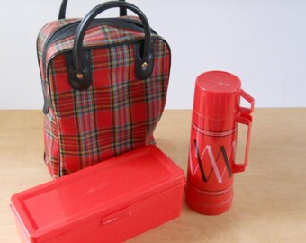 Picnic Lunch Bag Vintage Thermos and Food Box Mid Century Lunch Tote Travel Picnic Set