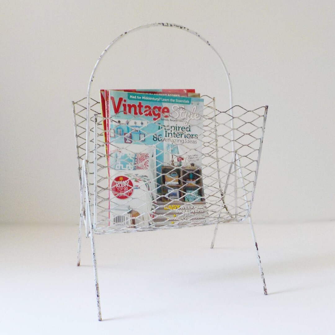 Wire Magazine Rack Tabletop Mid Century Vintage Metal Magazine Rack Wire and Mesh Shabby White - Etsy