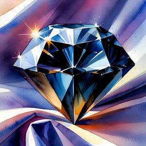 Può includere: Un dipinto ad acquerello di un grande diamante sfaccettato. La gemma è principalmente blu con riflessi bianchi e blu scuro, su uno sfondo di tonalità viola, bianche e arancioni. Il diamante brilla di luce.