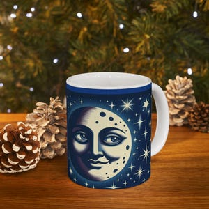 Celestial Man in the Moon Ceramic Mug, Colorful Moon Lovers Coffee Cup, Surrealistic Tea Mug, Lunar Theme Kitchen Decor, 11oz, 15oz