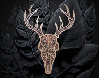 Layered Deer Skull Wall Art – Laser Cut Wooden Buck with Antlers – Rustic Cabin Decor – Nature Hunting Lodge Gift – Wall Mount with Hanger
