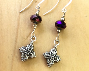 Silver Celtic Cross Earrings, Purple Swarovski Crystal, Christian Jewelry, Gift for Her, Confirmation Gift, Irish Jewelry, Celtic Jewelry