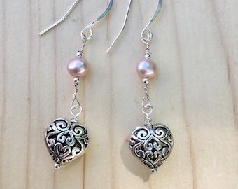 Pink or White Pearl Celtic Heart Earrings: Bridal