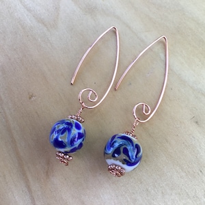 Delft Floral Bead Earrings: Handcrafted Copper & Sterling Silver