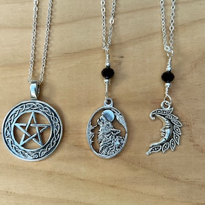 Pentagram Necklace, Wolf Necklace, Crescent Moon Necklace