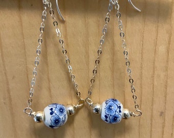Delft Blue Flower Earrings, Silver Earrings, Blue and White Earrings