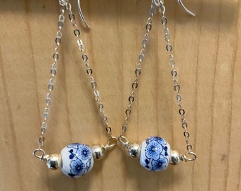 Delft Blue Flower Sterling Silver Earrings