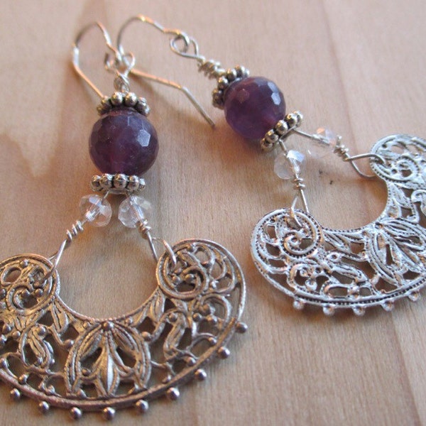 Amethyst oorbellen Sterling Zilver tinnen filigraan Earrinhs februari Birthstone februari Gift