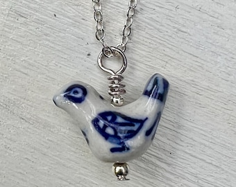 Delft Blue Willow Dainty Bird Necklace Something Blue