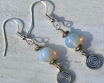 Opalite Celtic Spiral Earrings, Sterling Silver, October Birthstone, Iridescent Drop Jewelry