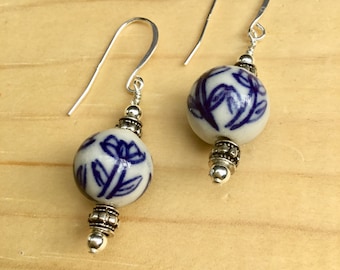 Delft Blue Willow Sterling Silver Ear Wires: Dutch Floral Bead Jewelry