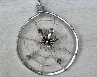 Swarovski Crystal Spider Web Necklace: Pewter Spider, Halloween Jewelry