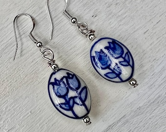 Delft Silver Tulip Earrings, Flower Earrings