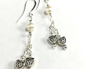 Celtic Heart Pearl Earrings: Sterling Silver Ear Wires Bridal Jewelry