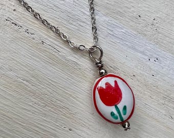 Red Tulip Ceramic Pendant Necklace, Glossy Floral, Silver Plated Chain