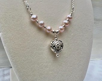 Pale Pink Freshwater Pearl and Heart Silver Bridal Necklace, Also available in White