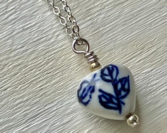 Delft Blue Ceramic Heart Necklace, Floral Pendant, Silver Chain, Something Blue Gift