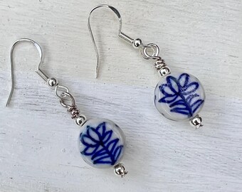 Delft Blue Floral Ceramic Dangle Earrings, Sterling Silver Dutch Style Jewelry
