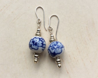 Hand Painted Delft Blue Sterling Silver Earrings, Netherlands