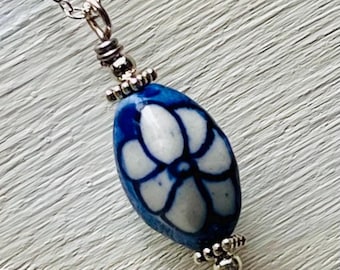 Delft Blue Ceramic Flower Pendant Necklace, Dutch Floral Jewelry, Pewter Beads, Silver Chain