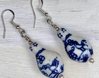Delft Blue Willow Birds and Flower Ceramic Earrings, Sterling Silver Earwires