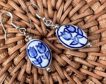 Delft Silver Tulip Earrings, Flower Earrings