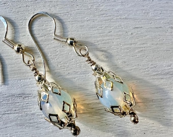 Opalite Earrings: Silver Filigree, October Birthstone