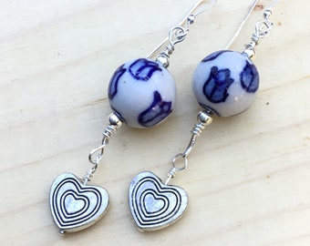 Delft Earrings, Tulip Earrings, Heart Earrings, Delft Blue, Blue Delft, Delft Jewelry, Blue Earrings, Sterling Earrings, Blue White Earrings