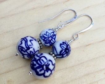 Delft Blue Ceramic Bead Earrings, Sterling Silver Wires, Dutch Floral Jewelry