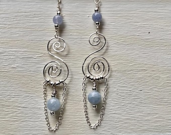 Aquamarine Silver Spiral Earrings March Birthstone