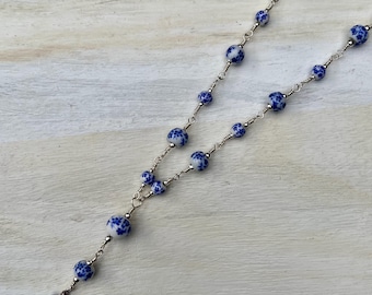 Delft Blue Ceramic Beads Rosary Necklace, Wire Wrapped Silver Chain (18 Inch)