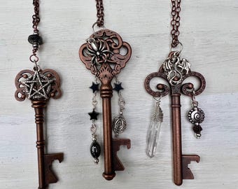 Witchy Gothic Key Necklaces, Pentagram, Spider, Dragon
