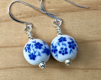 Delft Blue Willow Flower Earrings Something Blue