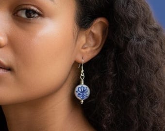 Delft Blue Floral Ceramic Dangle Earrings, Sterling Silver Dutch Style Jewelry