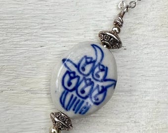 Delft Blue Tulip Porcelain Necklace, Sterling Silver Accent, Dutch Floral Jewelry