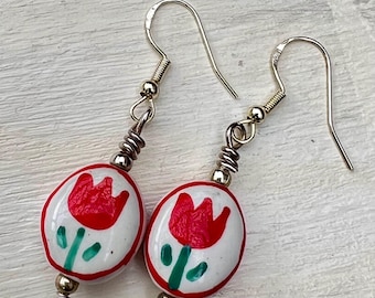 Red Tulip Ceramic Dangle Earrings, Sterling Silver Spring Flower Jewelry
