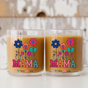 Custom Mama Glass Mug,Floral Coffee Mug with Kids&#39; Names for Mother’s Day Gift, Mum Birthday Present, 10oz Clear Glass Cup
