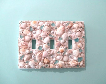 Original Seashell and Seaglass Triple Switch Plate - White Tan Soft Aqua