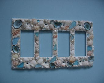 Seaglass Seashell Light Switch Plate Cover - White and Aqua 4 Switch