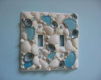 Seashell and Seaglass Double Light Switch Plate Cover - Aqua and White