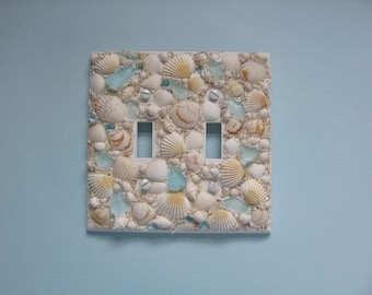 Original Seashell and Seaglass Light switch cover - Double switchplate in white tan light aqua