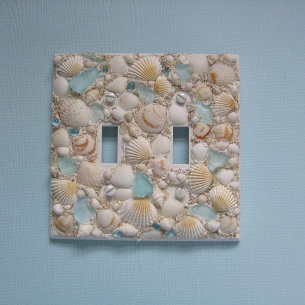 Original Seashell and Seaglass Light switch cover - Double switchplate in white tan light aqua