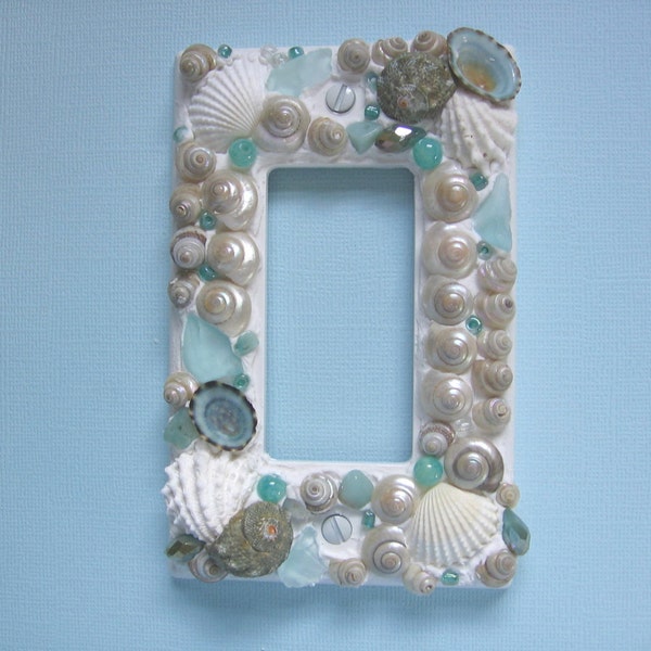 Seaglass and Seashell Light Switch Rocker Plate - Single Rocker White Green Aqua