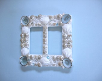 Seashell Light Switch Plate Light Cover -Double Rocker White Pearl Aqua