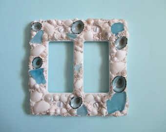 Seaglass and Seashell Rocker Plate Cover - Aqua and White