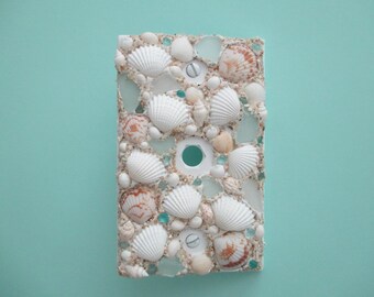 Seashell and Seaglass Single Cable Plate Cover - White Tan Soft Aqua