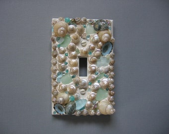 Seaglass and Seashell Light Switch Plate - Ivory Aqua Green