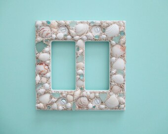 Seashell and Seaglass Double Rocker Plate Cover - White Tan Soft Aqua