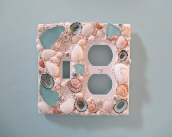 Seashell and Seaglass Combo Single Switch and Outlet Plate - Aqua Tan White